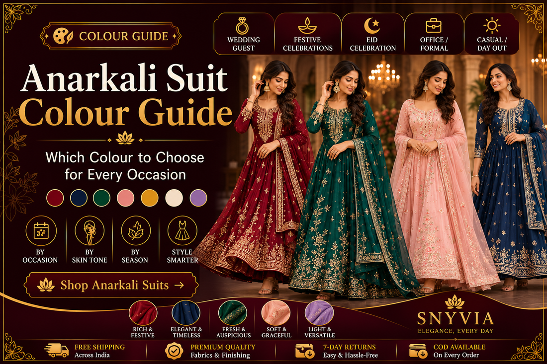 Anarkali Suit Colour Guide showing elegant Anarkali suits in wedding, festive, Eid, office and casual colours for every skin tone by Snyvia.