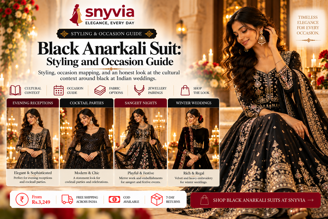 Snyvia black Anarkali suit styling guide featuring an elegant black Anarkali with gold embroidery, plus outfit inspiration for evening receptions, cocktail parties, sangeet celebrations and winter weddings, with fabric and jewellery styling tips.