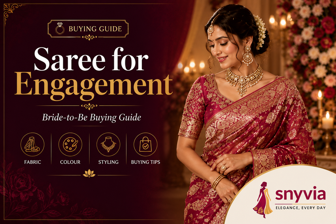 Bride wearing an elegant maroon engagement saree with traditional jewellery in Snyvia's engagement saree buying guide featuring fabric, colour, styling and buying tips