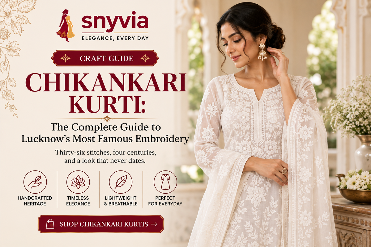 Chikankari kurti in white with intricate floral embroidery, featured in a Snyvia craft guide celebrating Lucknow's traditional hand embroidery.
