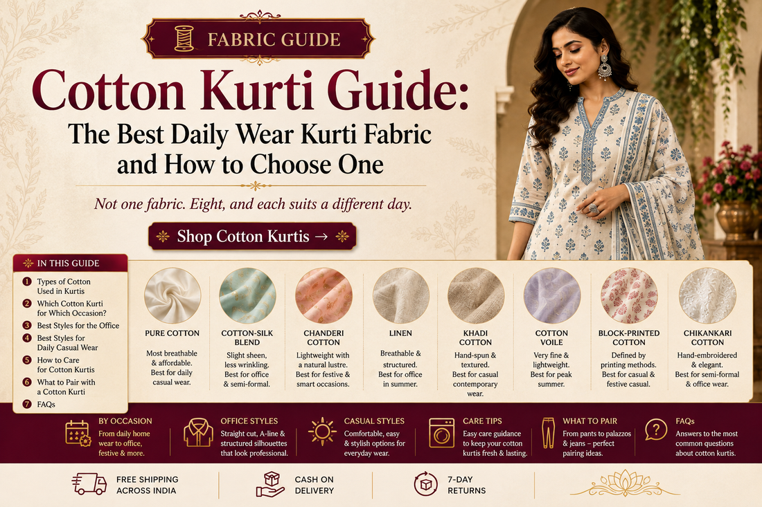 Cotton Kurti Guide showing different cotton fabrics, styles and care tips