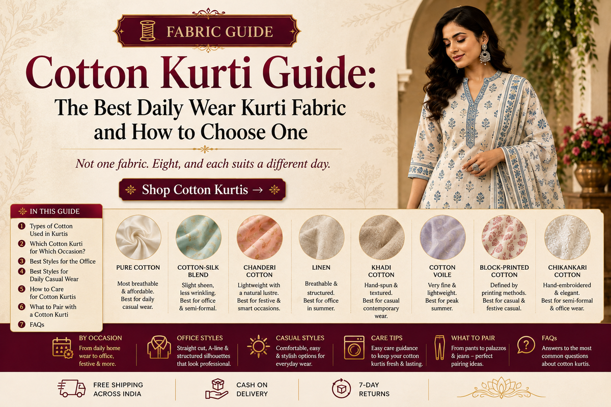 Cotton Kurti Guide showing different cotton fabrics, styles and care tips