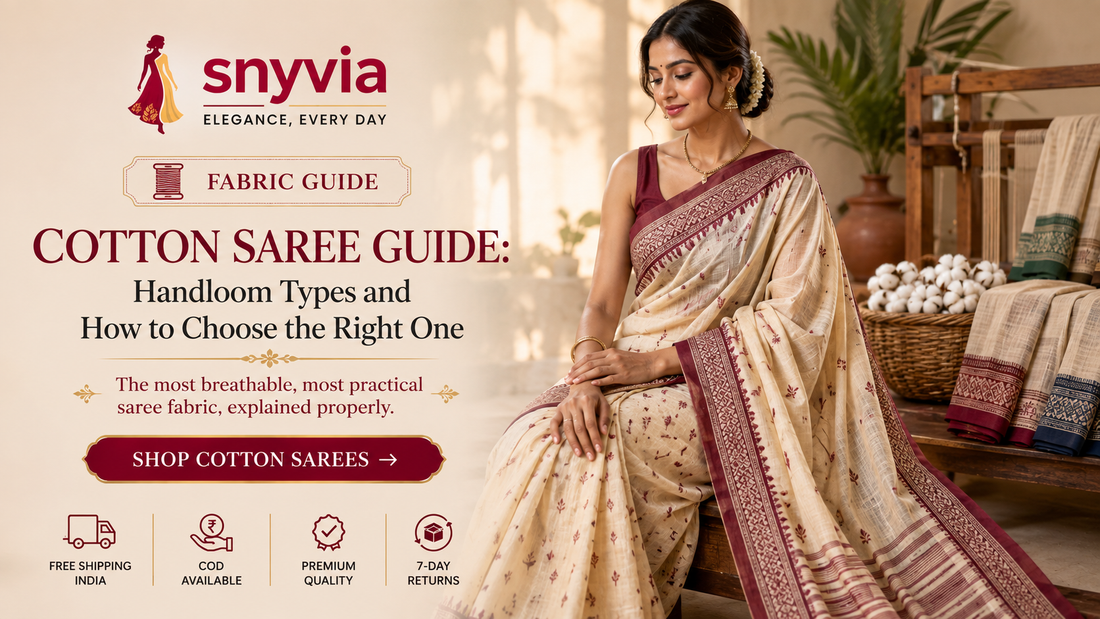 Cotton saree guide featuring a woman in a cream handloom cotton saree with traditional maroon border, showcasing handloom cotton fabrics