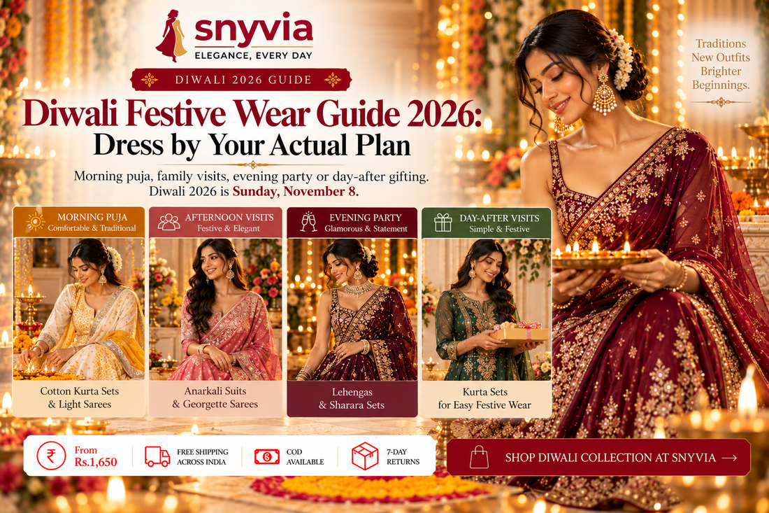 Snyvia Diwali 2026 festive wear guide featuring a woman in an embellished maroon saree, with outfit ideas for morning puja, family visits, evening parties, and day-after gifting