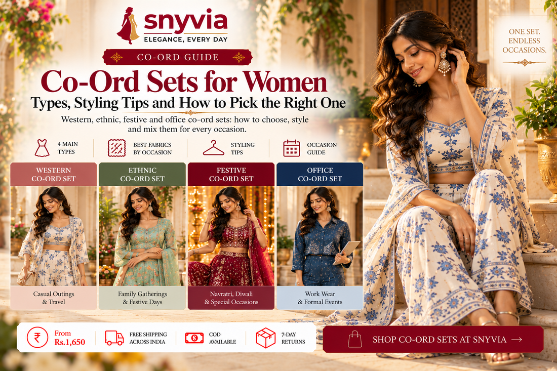 Snyvia co-ord sets for women styling guide featuring western, ethnic, festive and office co-ord outfits, with outfit ideas for casual outings, family gatherings, celebrations and workwear.