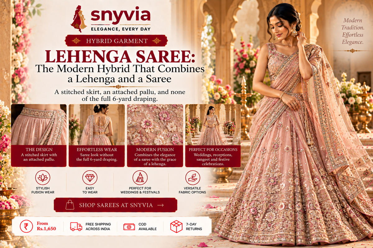 Elegant Indian woman wearing a modern lehenga saree, featuring a stitched lehenga skirt with an attached saree-style pallu, showcasing the fusion of traditional saree draping and contemporary lehenga design.