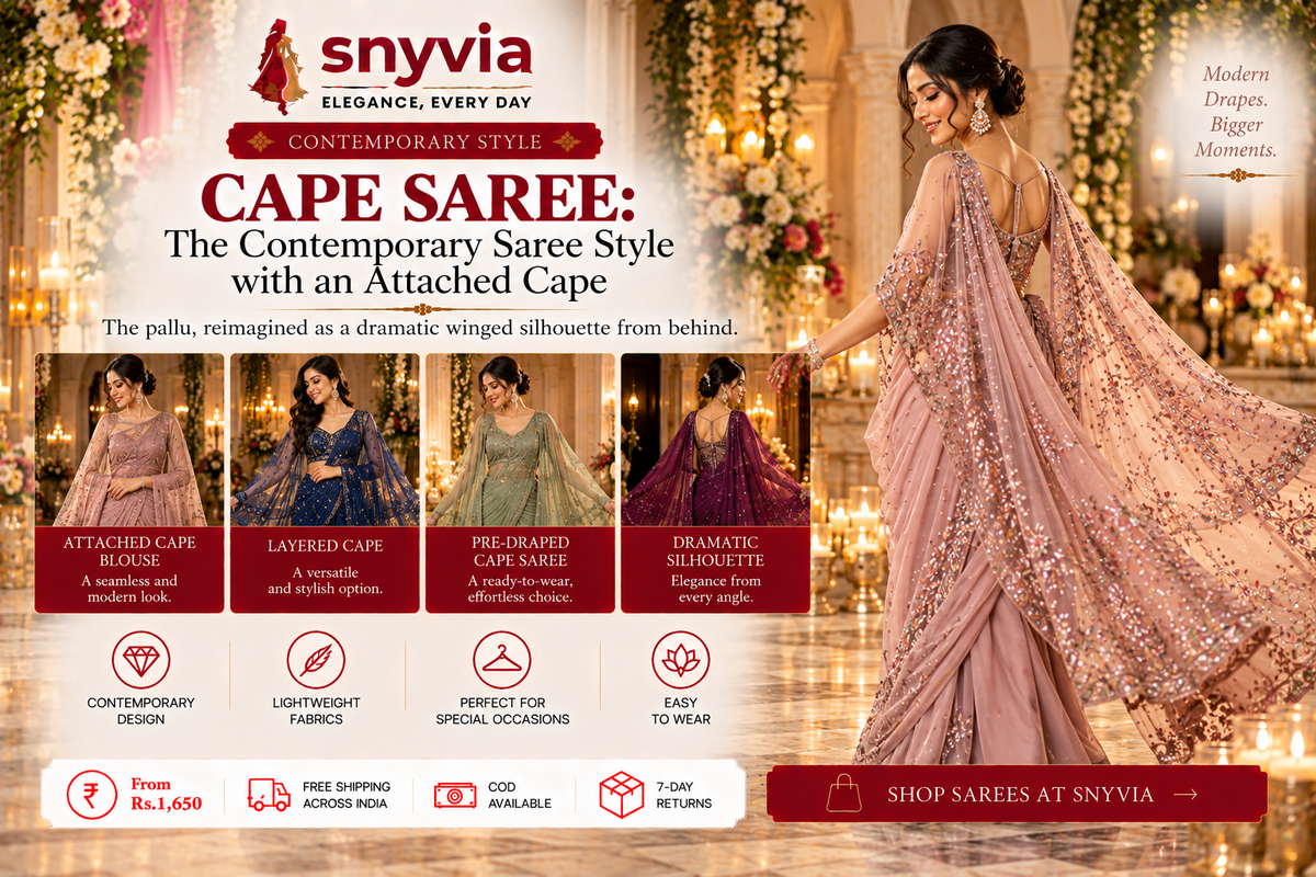 Elegant woman wearing a contemporary cape saree with a flowing cape draped over the shoulders, showcasing a dramatic modern silhouette for wedding receptions and festive occasions