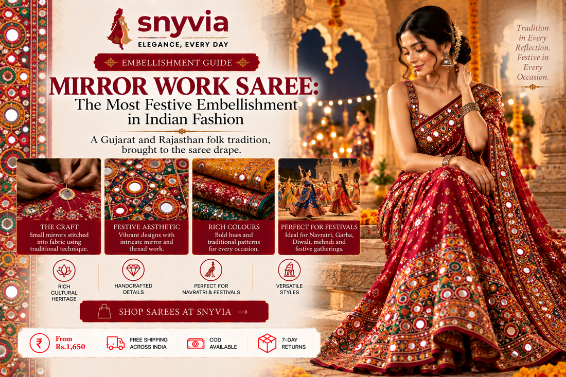 Elegant woman wearing a vibrant mirror-work saree with colorful embroidered patterns and reflective mirrors, highlighting traditional Gujarati and Rajasthani shisha embroidery, with festive Indian architecture in the background