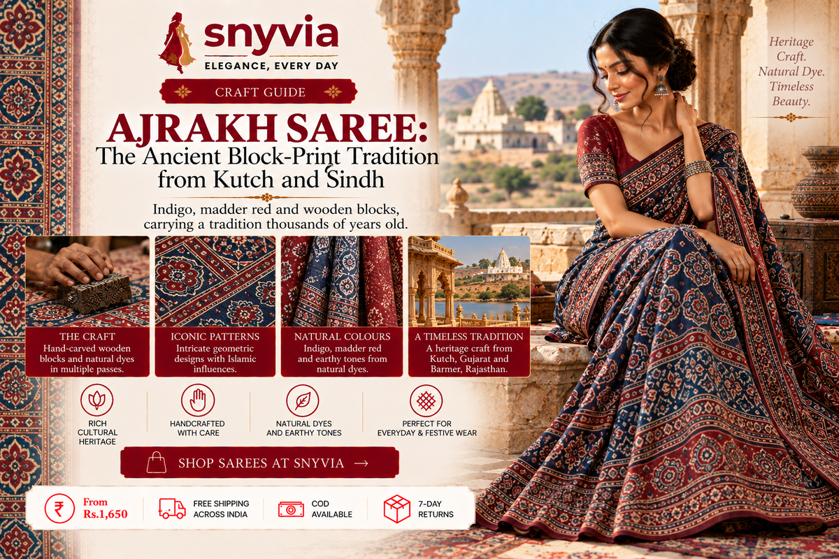 Elegant woman wearing an Ajrakh saree in deep indigo, madder red and cream, showcasing intricate geometric block-print patterns and traditional natural-dye motifs, with handcrafted wooden printing blocks and heritage architecture in the background