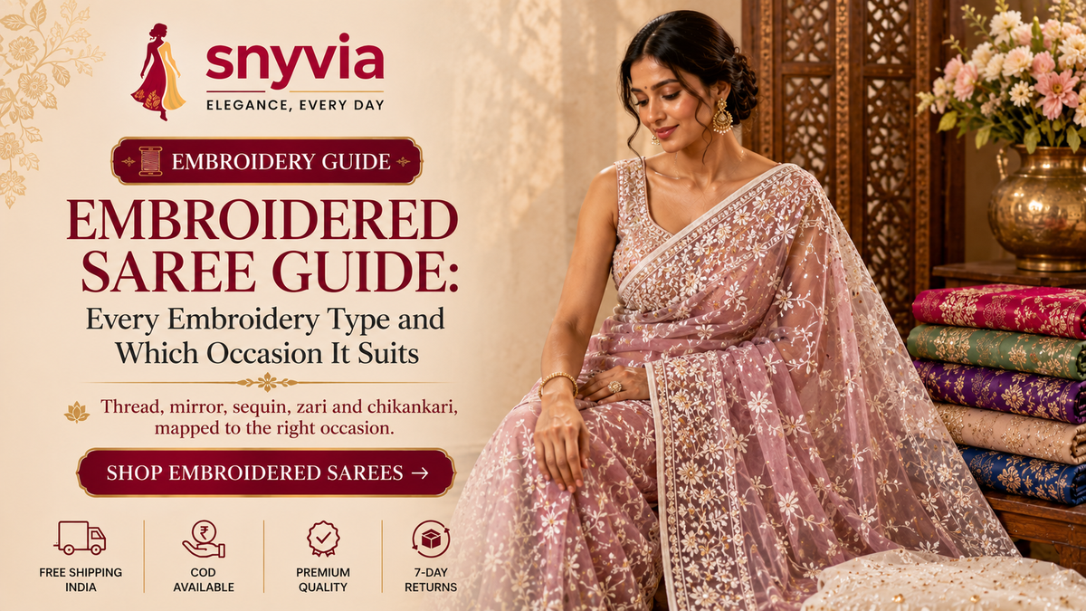 Embroidered saree guide featuring a woman in a mauve saree with intricate floral embroidery, sequins and traditional embellishment