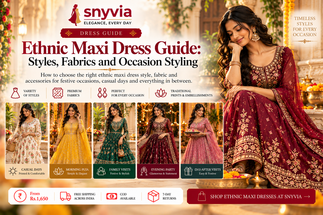 Snyvia ethnic maxi dress guide featuring women in elegant Indian maxi dresses with floral prints, mirror work, and festive embroidery, showcasing outfit styles for casual days, puja, family visits, and evening parties.