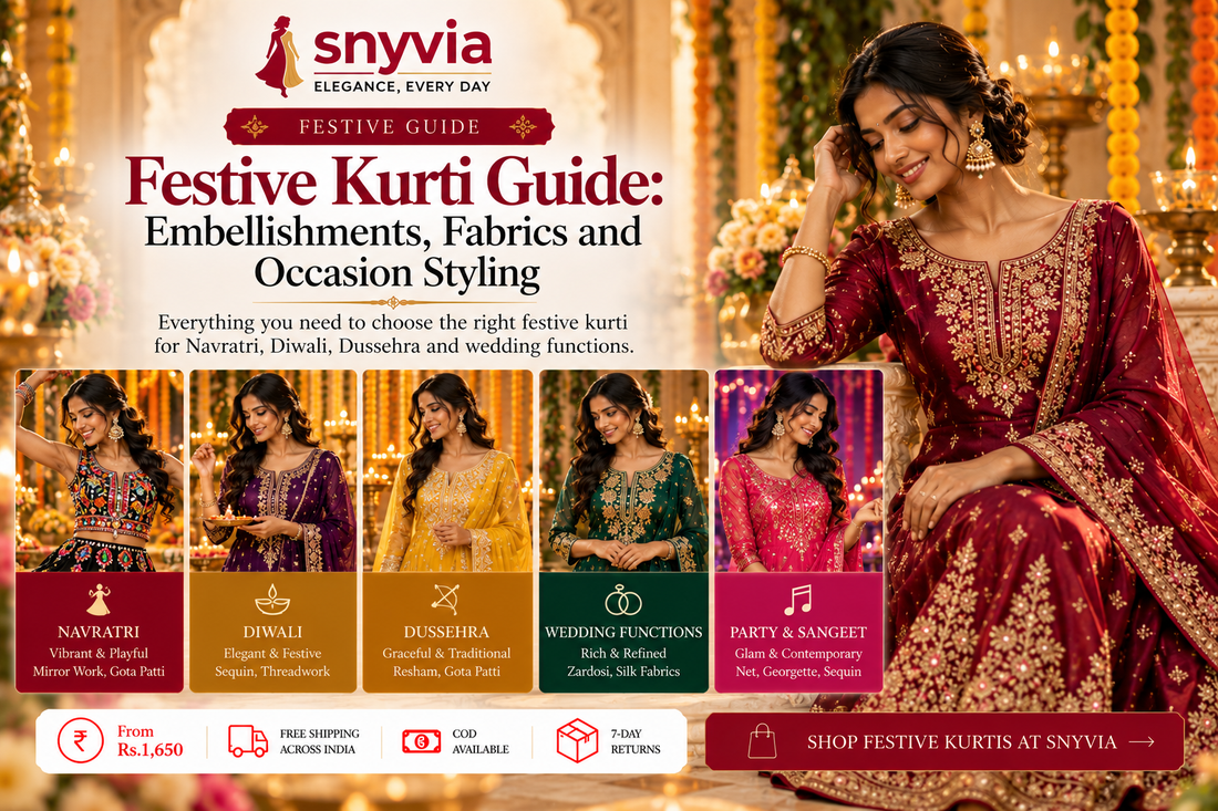 Snyvia festive kurti guide featuring a woman in a maroon embroidered kurti, with festive outfit inspiration for Navratri, Diwali, Dussehra, wedding functions, and parties.