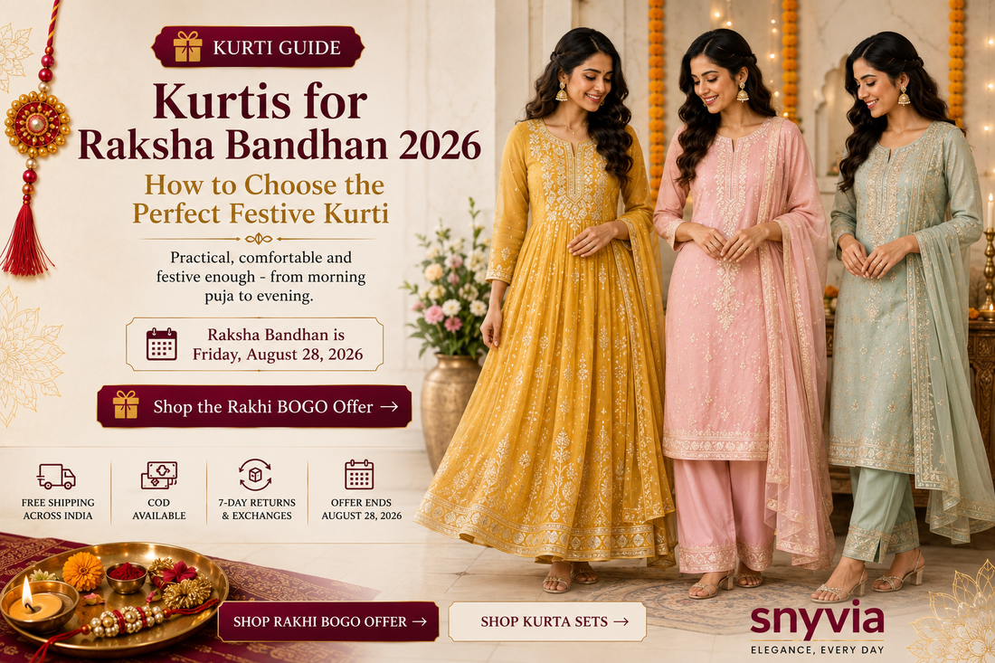 Festive Raksha Bandhan kurti collection for women featuring embroidered Anarkali, straight kurta and kurta sets in mustard, blush pink and sage green  Snyvia