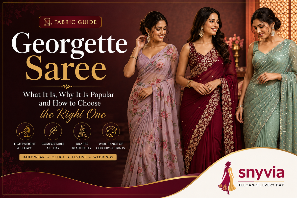 Georgette Saree Guide featuring elegant women in printed, embroidered and pastel georgette sarees  Snyvia Fabric Guide