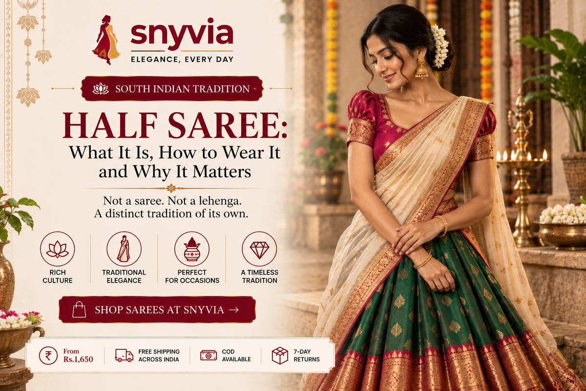 Half saree guide featuring a woman in a traditional South Indian half saree with a green silk skirt, cream dupatta, gold zari border and traditional jewellery, highlighting its cultural elegance.