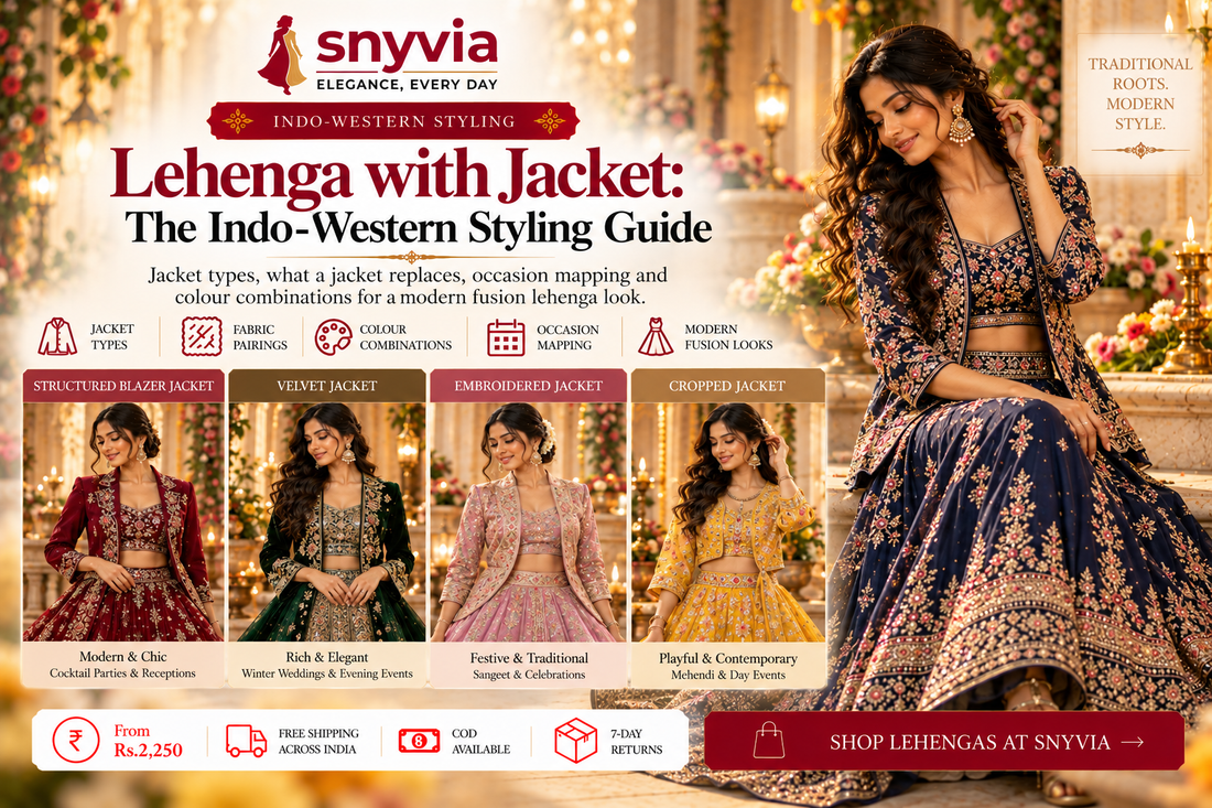 Snyvia lehenga with jacket styling guide featuring elegant Indo-Western lehenga outfits with structured blazers, velvet jackets, embroidered jackets and cropped jackets for receptions, weddings, sangeet and festive occasions.