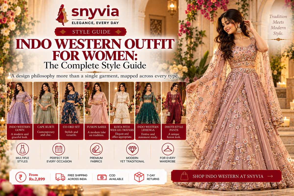 Indo western outfits for women featuring a fusion of traditional Indian textiles and modern silhouettes, including a gown, cape kurti, co-ord set, fusion saree, kurta with wide-leg trousers, lehenga, and dhoti-style pants