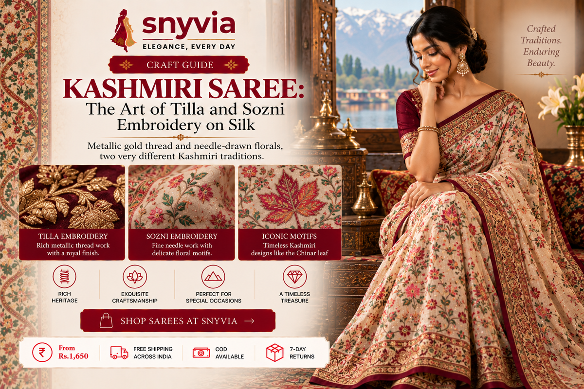 Kashmiri silk saree featuring intricate traditional Tilla and Sozni embroidery with metallic gold thread and delicate floral motifs.