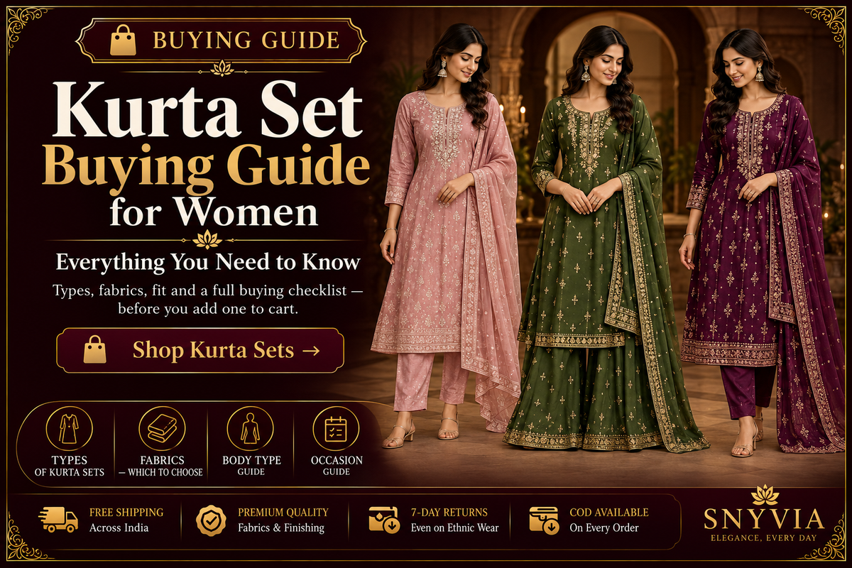 Kurta Set Buying Guide for Women featuring elegant kurta sets in classic salwar, palazzo, pant and farshi salwar styles by Snyvia for every occasion.