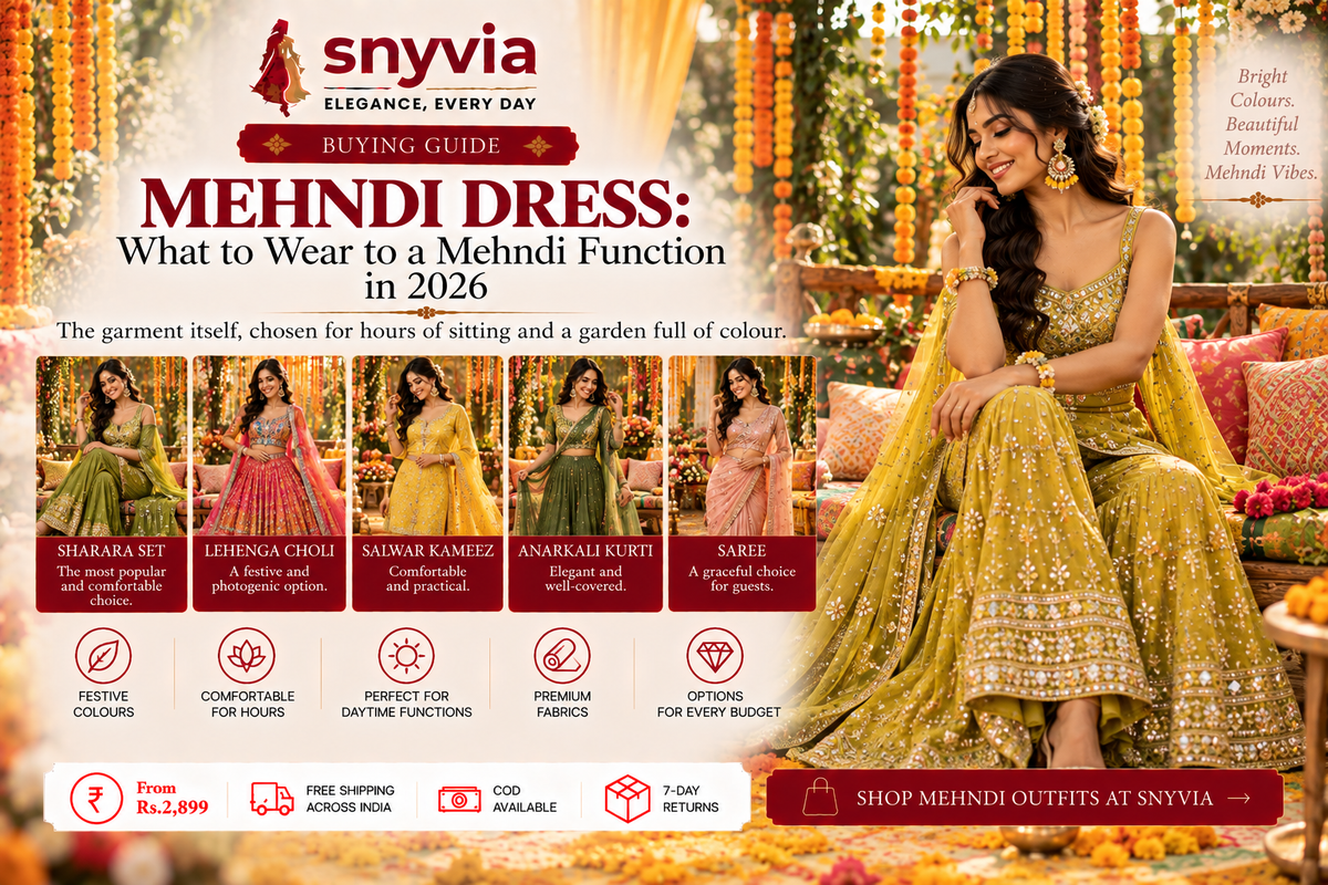 Mehndi dress guide featuring a woman in a yellow embellished sharara set, with additional mehndi outfit styles including sharara sets, lehenga choli, salwar kameez, Anarkali kurti, and saree in festive colours
