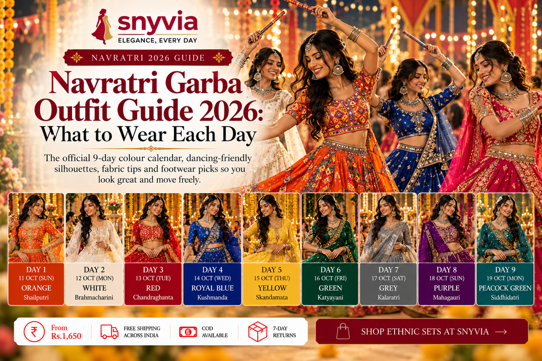 Snyvia Navratri Garba Outfit Guide 2026 featuring women in colourful traditional lehengas, with the nine-day Navratri colour calendar from orange and white to purple and peacock green
