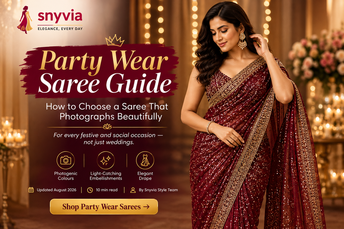 Party wear saree guide featuring a woman in a maroon sequin saree at an elegant festive event