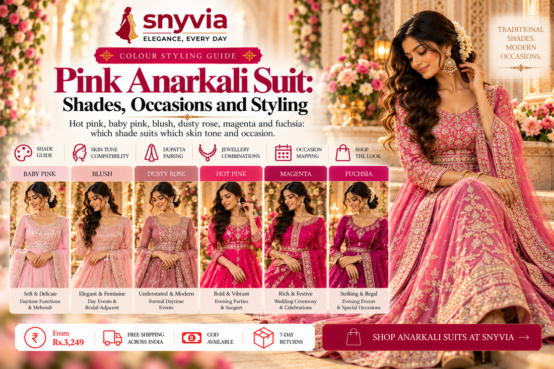 Snyvia pink Anarkali suit styling guide featuring six shades of pink, from baby pink and blush to dusty rose, hot pink, magenta and fuchsia, with elegant embroidered outfits and tips for choosing shades, dupattas, jewellery and occasion wear.