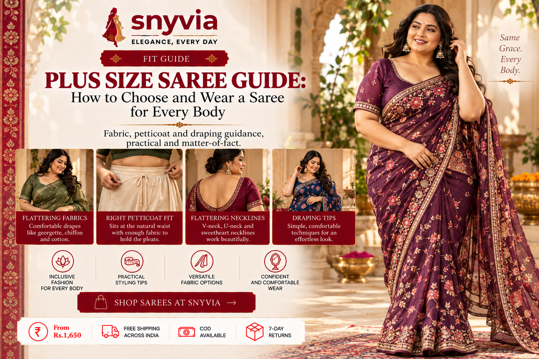 Plus-size woman wearing an elegant saree, showcasing flattering draping, comfortable fit, and styling for different body types.