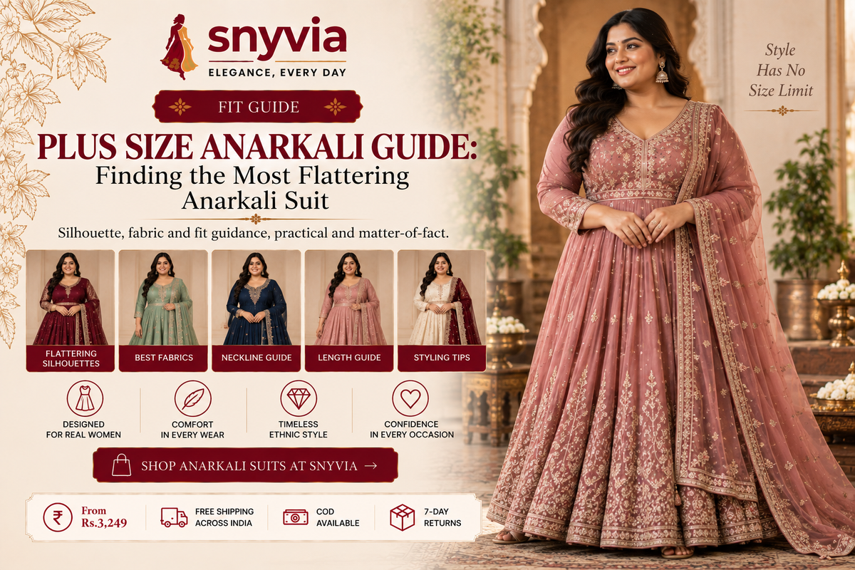 Plus size Anarkali suit guide featuring a curvy woman in an elegant embroidered Anarkali gown, highlighting flattering silhouettes, fabrics, necklines, lengths and styling tips.