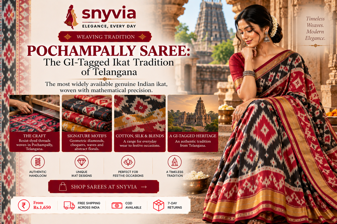 Pochampally ikat saree in red, black, cream and mustard featuring traditional geometric motifs, shown with an artisan weaving the fabric and Telangana heritage architecture in the background