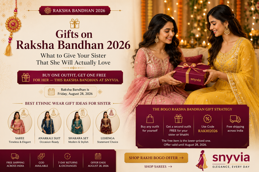 Raksha Bandhan gift ideas for sister featuring festive sarees, lehengas, anarkali suits and sharara sets with Snyvia Buy One Get One Free Rakhi offer