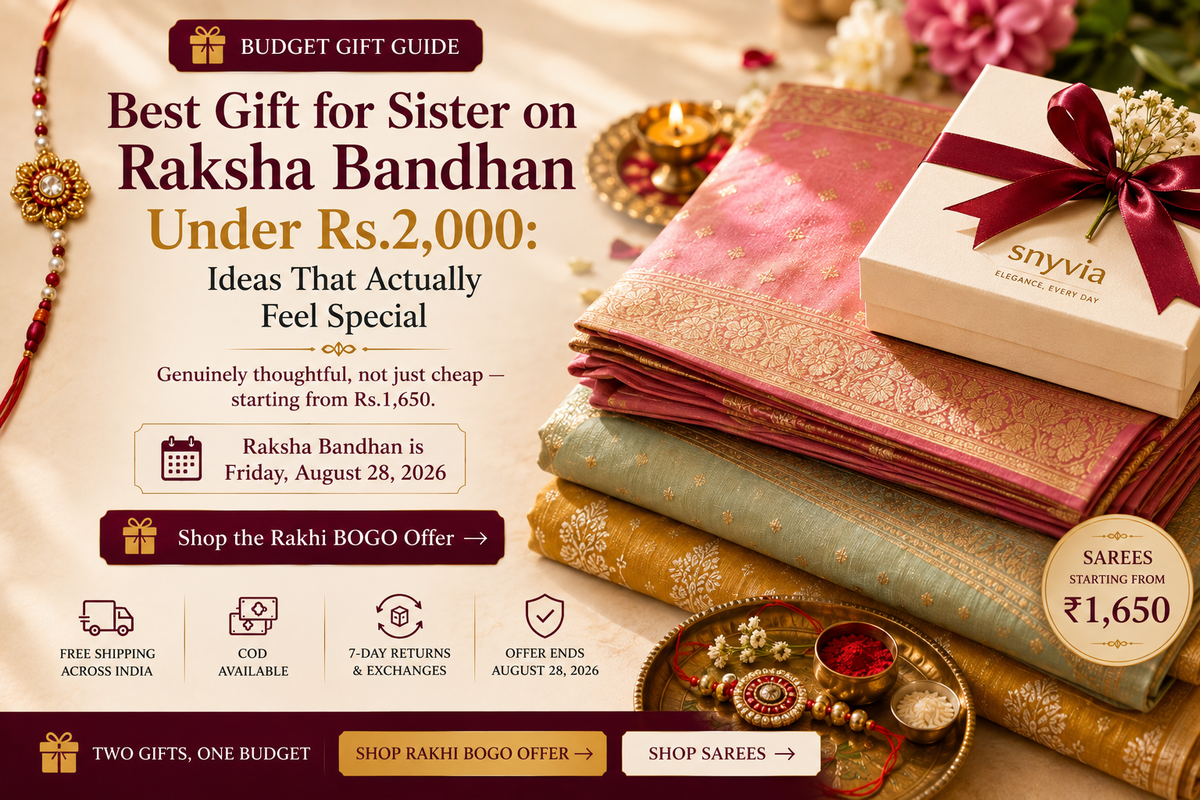 Raksha Bandhan gift ideas under ₹2,000 featuring elegant sarees and festive gift box for sisters with Snyvia Buy One Get One offer