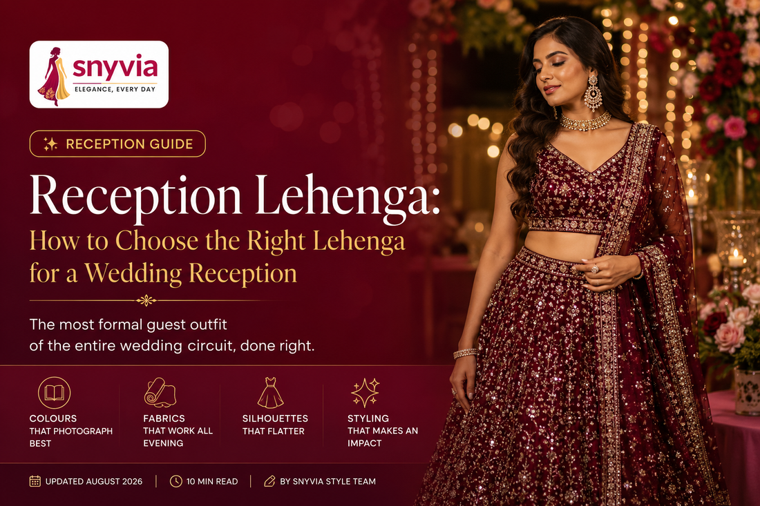 Reception lehenga for wedding guest in embellished burgundy lehenga with dupatta, Snyvia wedding fashion guide