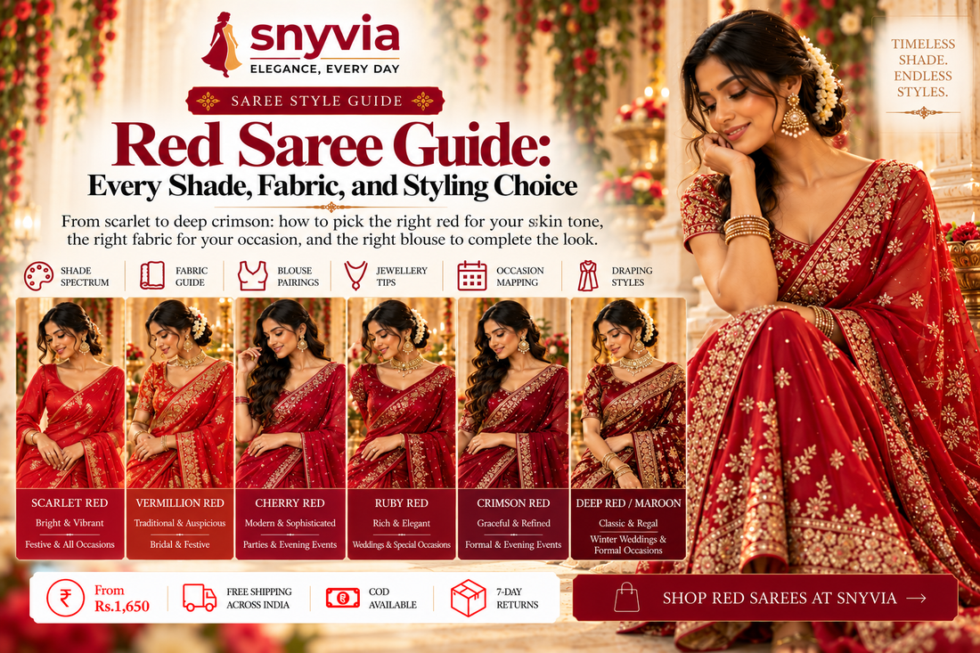 Snyvia red saree styling guide featuring six shades of red, from scarlet and vermillion to ruby, crimson and deep maroon, with bridal saree inspiration and tips for choosing fabrics, blouse designs, jewellery and draping styles.
