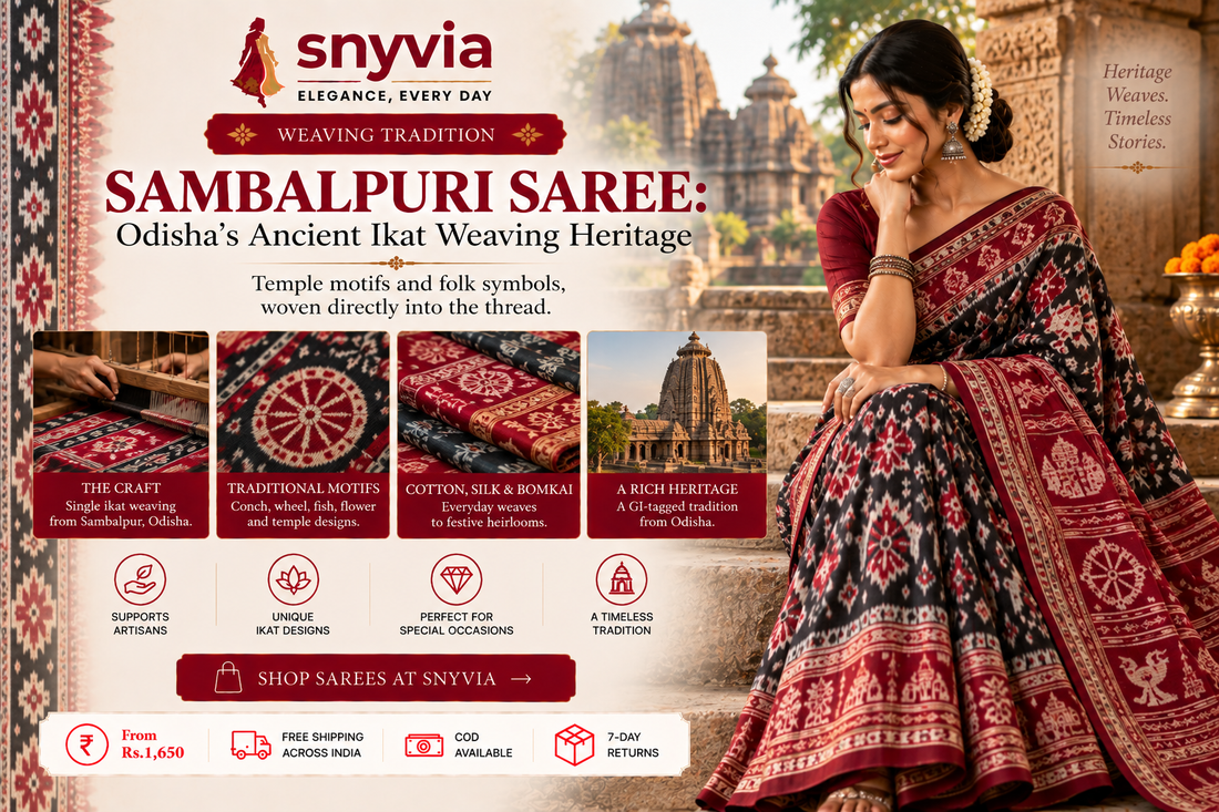 Sambalpuri saree in red, black and cream featuring traditional Odisha ikat motifs, shown with an artisan weaving the fabric and an Odisha temple backdrop.