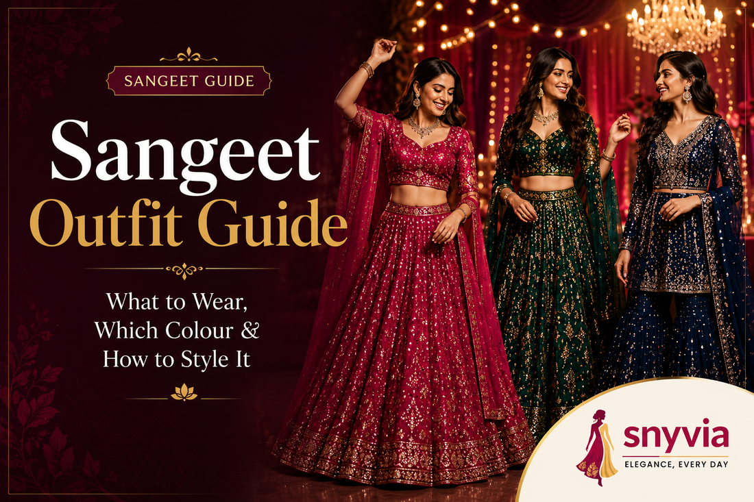 Sangeet Outfit Guide featured image with women wearing festive lehenga and sharara outfits for an Indian wedding celebration Snyvia