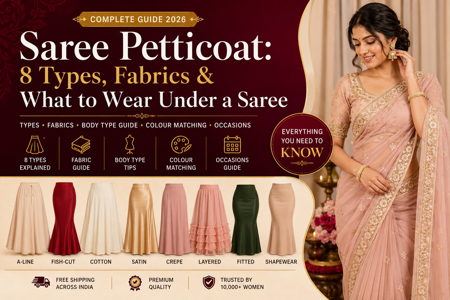 Saree Petticoat Guide 2026 - 8 Types, Fabrics, Colour Matching and Saree Styling Tips