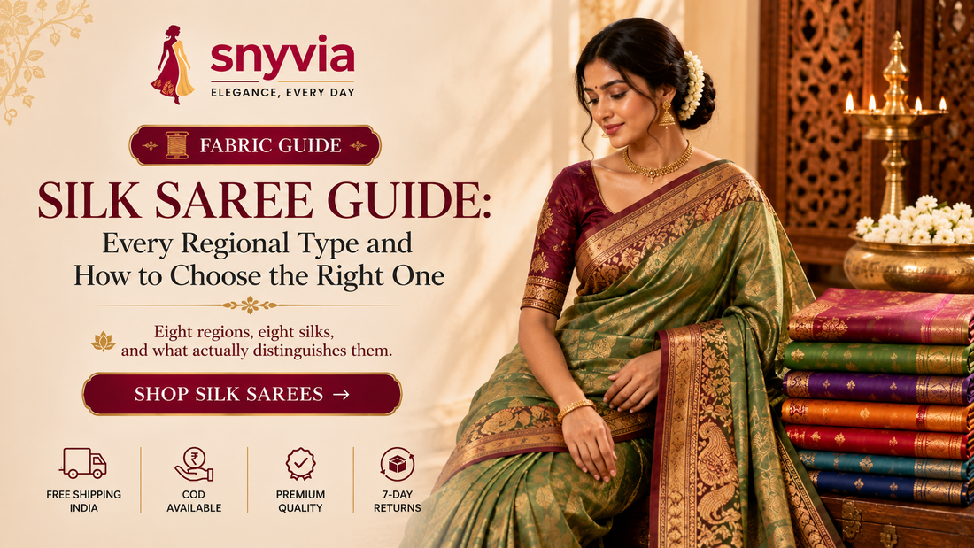 Silk saree guide featuring a woman in a rich green and gold silk saree, showcasing traditional Indian silk saree styling