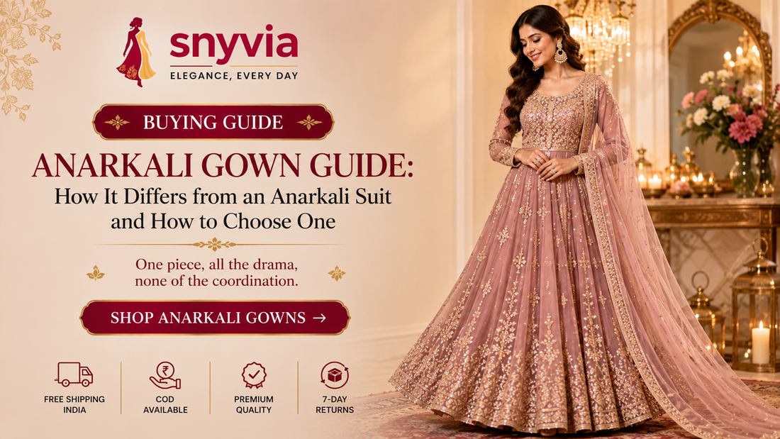 Snyvia Anarkali gown buying guide featuring an elegant embellished mauve Anarkali gown with dupatta, highlighting how to choose the right style for weddings and festive occasions.