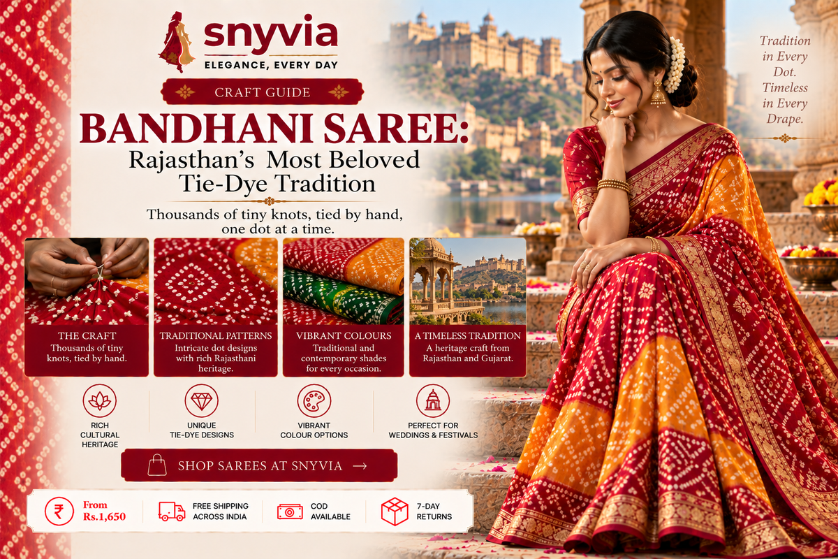 Snyvia Bandhani saree guide featuring a woman in a traditional red and orange Bandhani saree with intricate hand-tied dot patterns, alongside close-up views of Bandhani tie-dye craftsmanship, patterns, vibrant fabrics, and Rajasthani heritage.
