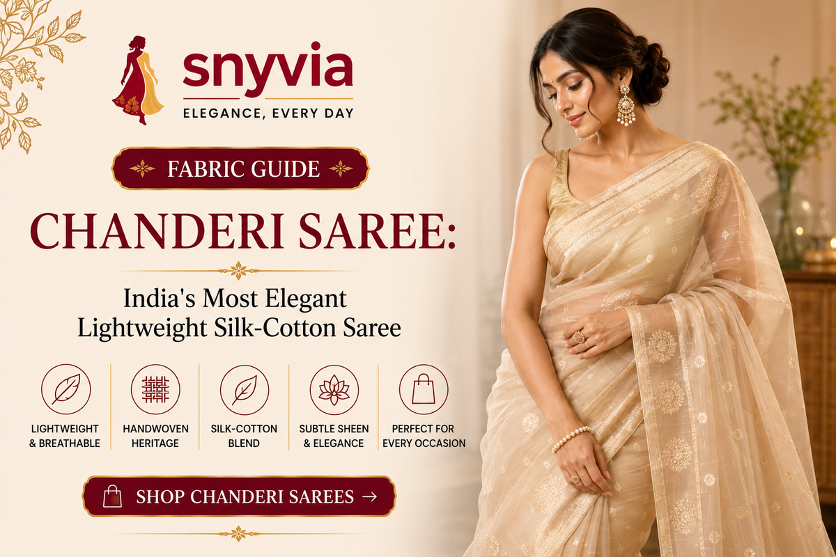 Snyvia Chanderi saree guide featuring a woman in an elegant beige Chanderi saree, highlighting the lightweight silk-cotton fabric and traditional handwoven elegance