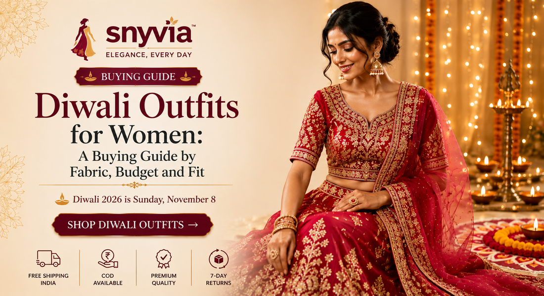 Snyvia Diwali outfit buying guide featuring a woman in an elegant maroon embroidered lehenga with a sheer dupatta and gold jewellery, surrounded by traditional diyas and festive Diwali décor.