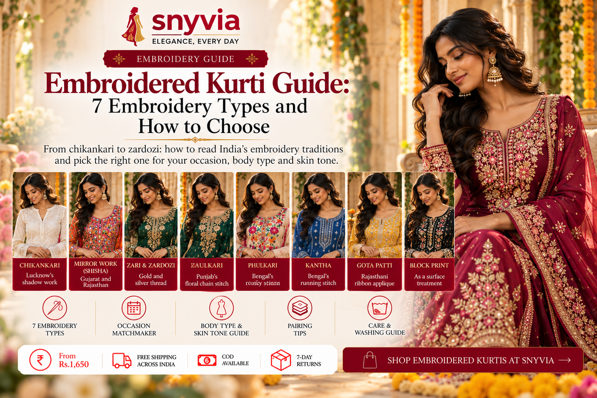 Snyvia embroidered kurti guide featuring a woman in a maroon embroidered kurti, showcasing seven embroidery styles including chikankari, mirror work, zari, zardozi, phulkari, kantha, gota patti and block print.