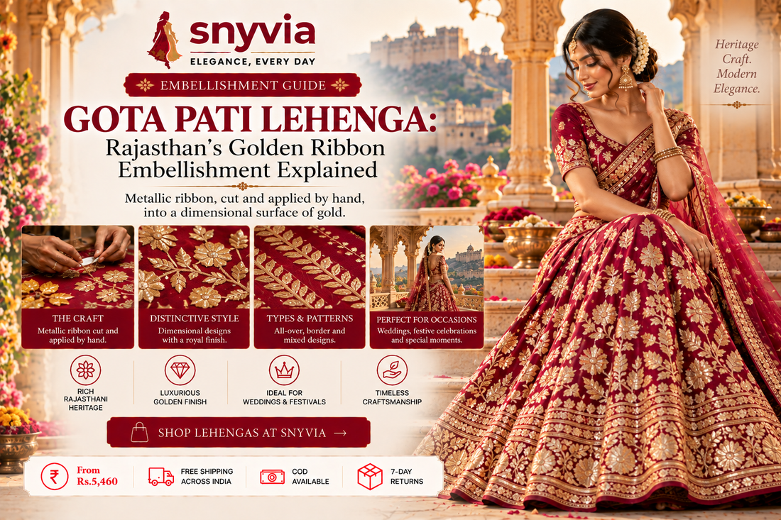 Snyvia Gota Pati lehenga guide featuring a woman in a maroon lehenga with intricate gold ribbon embellishment, showcasing Rajasthan-inspired floral and geometric patterns, with close-up views of handcrafted Gota Pati work