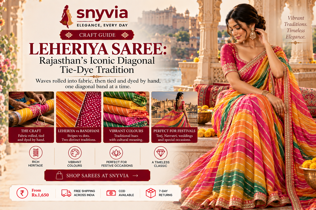Snyvia Leheriya saree craft guide featuring a woman in a vibrant multicolour diagonal-striped Leheriya saree, showcasing Rajasthan’s traditional tie-dye technique and festive styling.