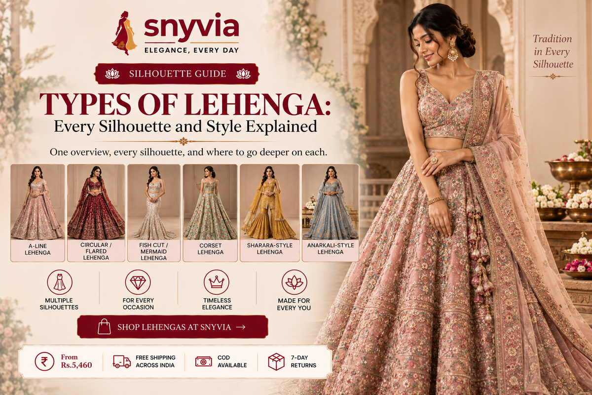Snyvia Types of Lehenga guide featuring a woman in an elegant embroidered lehenga, with A-line, circular, fish-cut, corset, sharara-style and anarkali-style silhouettes highlighted.