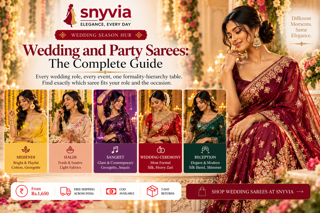 Snyvia wedding and party saree guide featuring a woman in a maroon embroidered saree, with outfit inspiration for mehendi, haldi, sangeet, wedding ceremonies, and receptions.