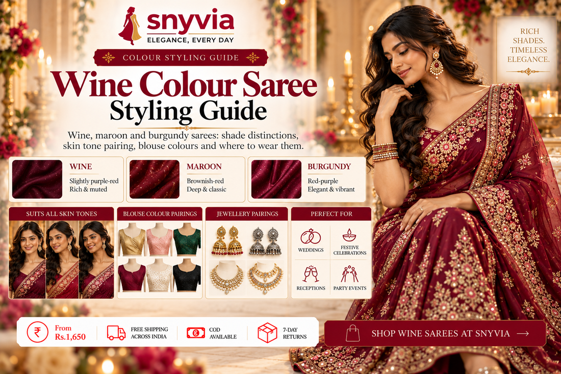 Snyvia wine colour saree styling guide featuring a woman in an embroidered burgundy saree, with wine, maroon and burgundy shade comparisons, blouse colour pairings, jewellery ideas and occasion styling tips