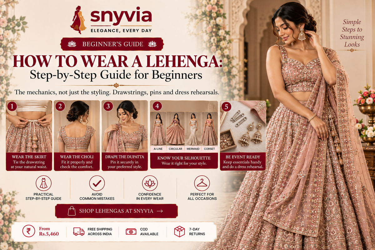 Snyvia beginner’s guide to wearing a lehenga, featuring an elegant woman in an embroidered lehenga and step-by-step visuals for wearing the skirt, choli and dupatta.