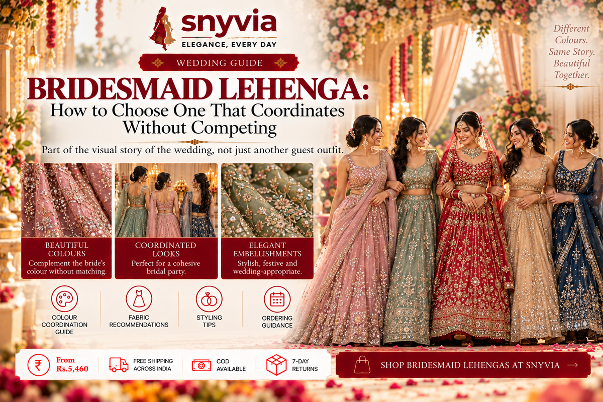 Snyvia bridesmaid lehenga guide featuring five women in coordinated pink, sage green, red, champagne and navy lehengas at a decorated wedding venue, highlighting colour coordination, fabrics, embellishments, styling and ordering tips